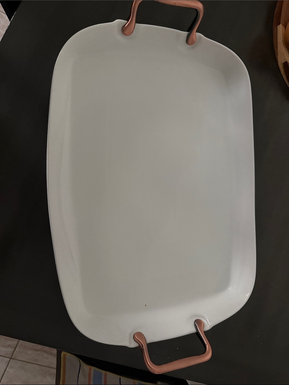 White Ceramic Serving Platter with Rose Gold Handles